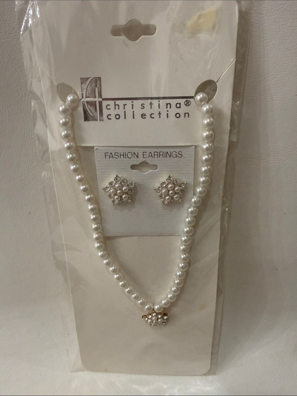 Christina Pearl Necklace Floral Rhinestone Earrings White Silver Adjustable